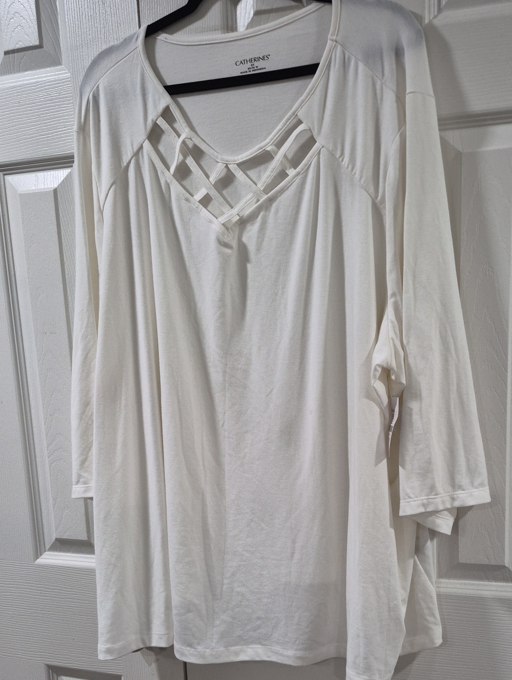 Catherines Ivory Lattice-Detail Long Sleeve V-Neck Top